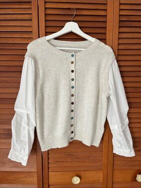 Ivory Knit Button-Front Sweater with Oxford Sleeves